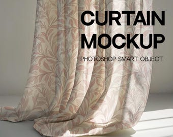 May include: A flowing curtain with a floral pattern in shades of cream and dusty rose. The text "CURTAIN MOCKUP" is displayed in large, bold, black letters, with "PHOTOSHOP SMART OBJECT" below. The curtain is draped, with sunlight casting shadows.
