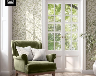 Wallpaper Mockup PSD PNG JPG | Country Living Room Wall with Wingback Chair & French Doors | Cottagecore Farmhouse Interior Scene