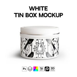 Puede incluir: Maqueta de caja de hojalata blanca con un diseño en blanco y negro con pájaros estilizados y un patrón de copo de nieve.