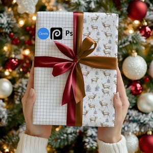 May include: A white gift box with a brown and white reindeer pattern on one side and a white grid pattern on the other side. The box is tied with a brown and burgundy ribbon and bow. The box has two stickers on it, one that says "Canva" and the other that says "Ps".