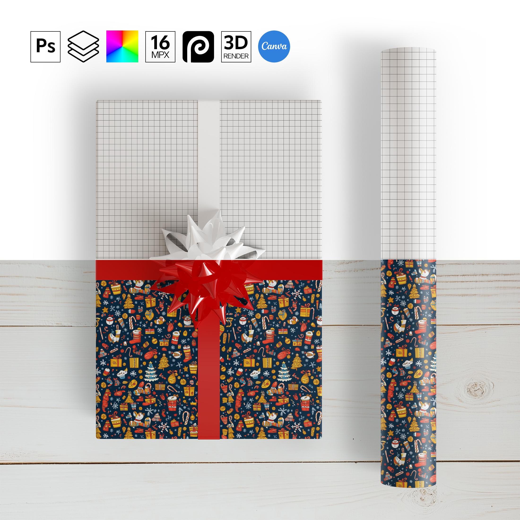 Layout Wrapped Editable Wrapping Paper Roll 3D Mockup (photoshop+canva), Digital Paper Pattern ...