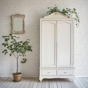 May include: A white wooden armoire with two doors and two drawers. The armoire is decorated with a floral pattern and has a plant on top of it. There is a mirror on the wall behind the armoire.