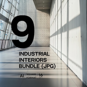 May include: A black number nine in a large font is displayed in the center of the image. The number is in front of a modern, industrial interior with concrete walls and large windows. The text "INDUSTRIAL INTERIORS BUNDLE (JPG)" is below the number. The text "AI SQUARE FORMAT 16 MPX" is below the text.