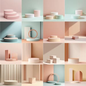 Bundle di mockup di esposizione del prodotto (40 JPG), set di podi per prodotti in colori pastello, mockup di sfondo creativo, immagini stock di scene di studio minimaliste