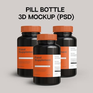 Realistic Pill Bottle 3D Mockup (Layered PSD), Medical Food Supplement Jar Template, Vitamin Packaging Mockup, Printify Healthcare Product