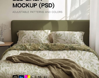 Maqueta de ropa de cama (PSD), vista previa de patrón de tela de cama realista, escaparate de diseño textil para dormitorio, plantilla editable sin costuras