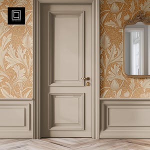 May include: A white door with a gold door handle, framed by a white trim and a patterned wallpaper with a floral design in shades of beige and brown.