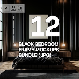 Schwarzes Schlafzimmer leerer Rahmen Mockup Bundle (12 JPG), zeitgenössisches dunkles Interieur leere Wandkunst Vorlagen-Set, dunkel getöntes launisches Print POD Poster