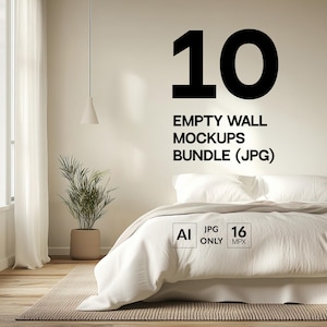 10 Beige Blank Wall Mockup Bundle, Sunny Bedroom Wall Mock-up Bundle JPG, Boho Aesthetic Backdrop Set for POD Business, Poster Template Pack