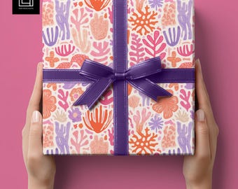 Minimalist Gift Box & Wrapping Paper Mockup | Female Hands Holding Present | Editable Ribbon Color PSD PNG for Photoshop and Canva