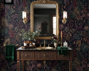 Maximalist Badezimmer Wallpaper Mockup PSD, Viktorianische Waschtischszene, Smart Objekt, Nahtloses Muster, Digitaler Download