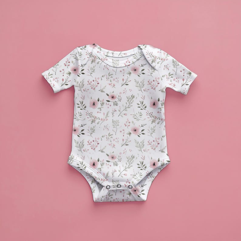 May include: A white baby onesie with a pink floral pattern. The onesie has short sleeves and a snap closure at the bottom.