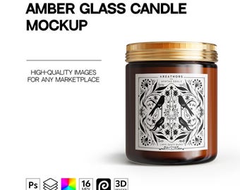 Editable Candle Mockup, Amber Glass Gold Lid Candle Template, Commercial 3D Jar Layered Mock-up, Printify Candle Jar Mockup for POD Business