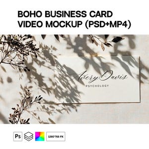 Boho Visitenkarte Video Mockup (PSD + MP4), persönliche Visitenkarte Bewegungsvorlage, animiertes Papierkarten Briefpapier Mockup mit beweglichen Schatten