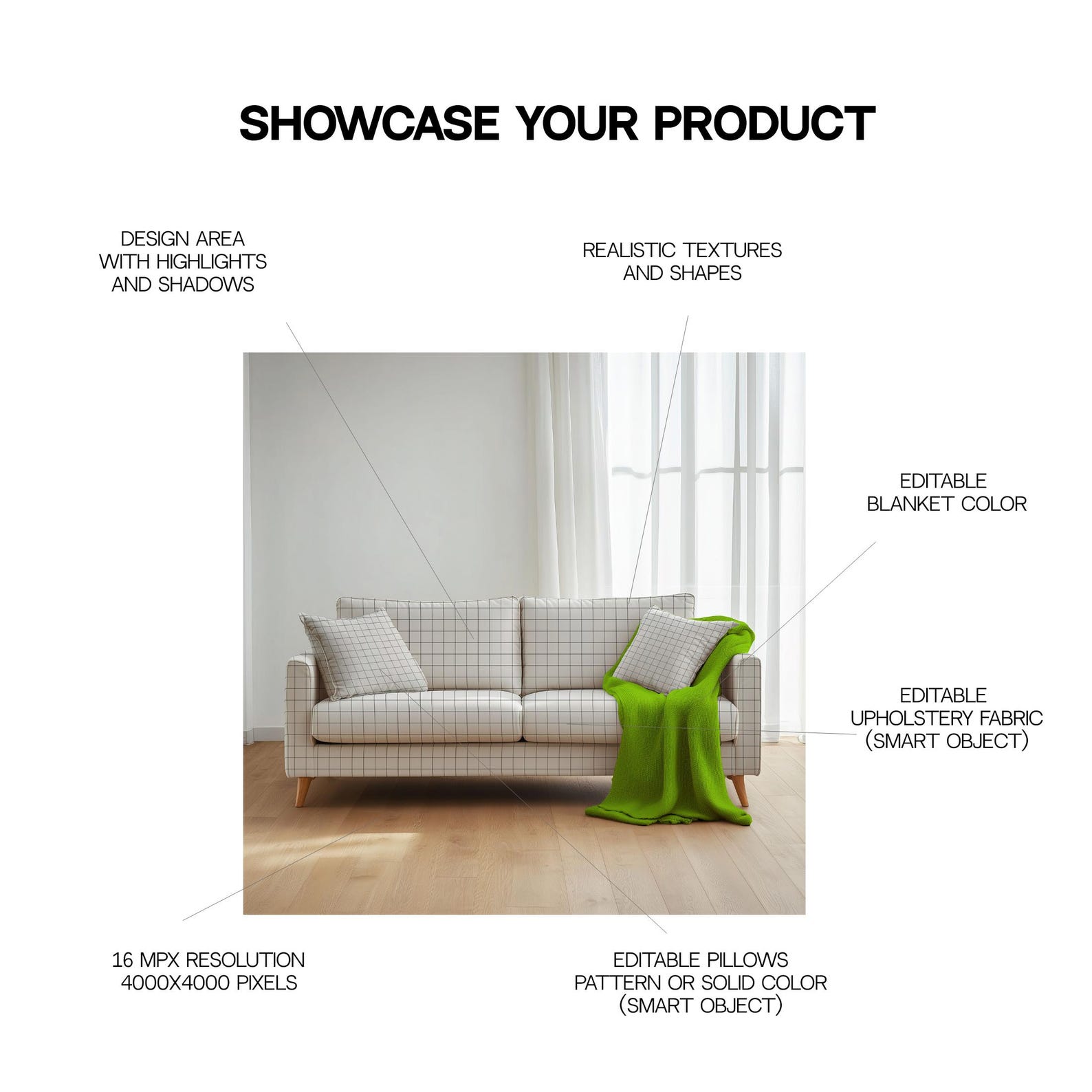 Upholstery Fabric Mockup (PSD), Editable Fofa With Blanket and Pillows ...