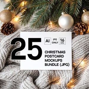 Pacote com 25 mockups de cartões de felicitações de Natal (JPG), conjunto de cartões postais de Natal, mock-up de estilo de vida de convite para festa, modelo de visualização de design de ano novo