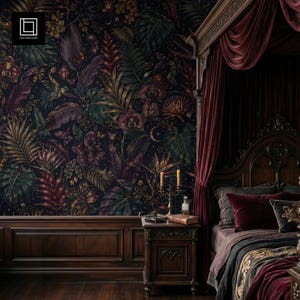 Dark Gothic Bedroom Wallpaper Mockup PSD, Victorian Canopy Bed Interior, Smart Object Photoshop, POD Pattern Designer Digital Download
