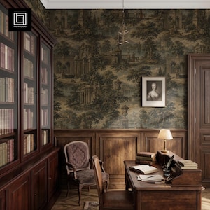 May include: A study featuring dark wood paneling, a tall glass-fronted bookcase filled with books, and a desk with a lamp, a quill, and papers. The walls are covered in a dark, detailed landscape wallpaper, and a framed portrait hangs on the wall.