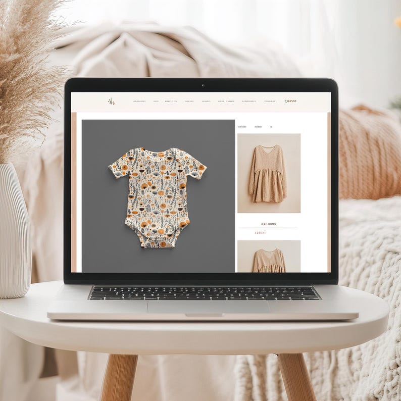 May include: A white baby onesie with a floral print in shades of yellow, orange, and brown. The onesie has short sleeves and a snap closure. The onesie is displayed on a gray background.
