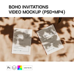 Twee trouwkaarten videomodel 5 x 7 (PSD + MP4), boho-uitnodigingskaarten bewegingssjabloonset, dubbel geanimeerde briefkaartmodel suite