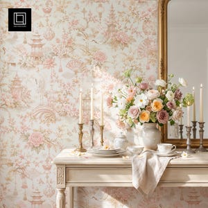 French Summer Wallpaper Mockup, Romantic Console Table Scene, Candle Floral Vase, PSD Smart Object, Photoshop Pattern Display