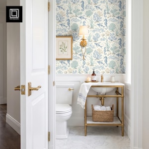 Bathroom Wallpaper Mockup, Accent Wall PSD, Photoshop Smart Object, Neutral Elegant Interior, Realistic Home Decor, Seamless Pattern Display