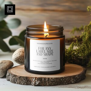 Amber Glass Organic Candle Mockup (PSD), Scented Candle Vessel Brand Template, Studio Mock-up, POD Candlemaker Label Design, Moss And Wood