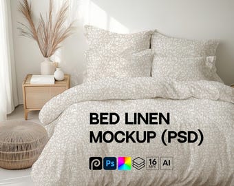 Realistic Bedding Fabric Pattern Preview, Bed Linen Mockup (PSD Smart Object), Textile Design Display Showcase, Adjustable Seamless Template