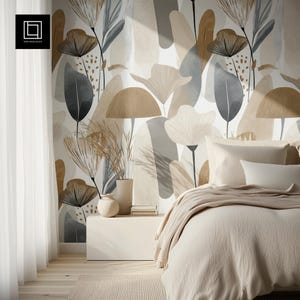 Beige Bedroom Wallpaper Mockup (PSD Smart Object), Blank Wall Pattern Mock-up, Contemporary Interior Wall Covering Decal Preview Template