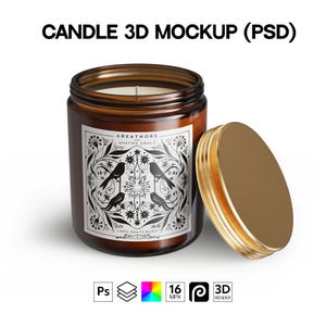 May include: A brown glass candle jar with a gold lid. The label on the jar features a black and white design of birds and flowers. The label text reads "AREATHORS" and "LANG SEATY BURD".