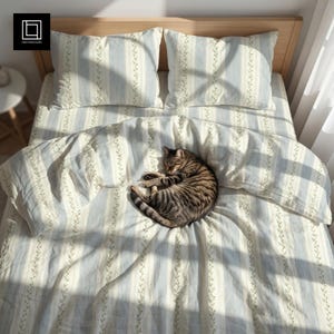 Double Bed Linen Mockup PSD, Cozy Contemporary Bedroom, Sleeping Cat, Seamless Pattern POD, Photoshop Smart Object, Natural Light Template