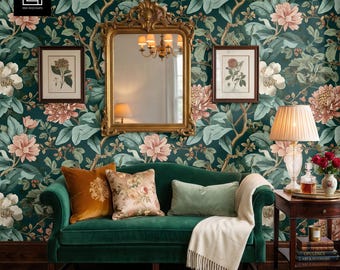 Living Room Wallpaper Mockup PSD, Maximalist Interior Smart Object, Victorian Style Wall Pattern, Digital Download Photoshop