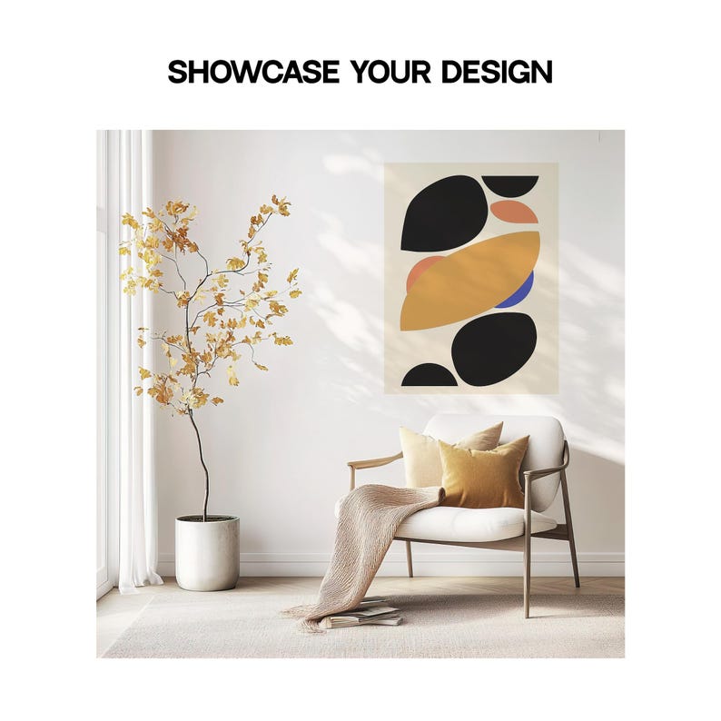 May include: Abstract art print featuring a geometric design with black, yellow, orange, and blue shapes. The print is hanging on a white wall in a living room setting with a chair and a potted plant.