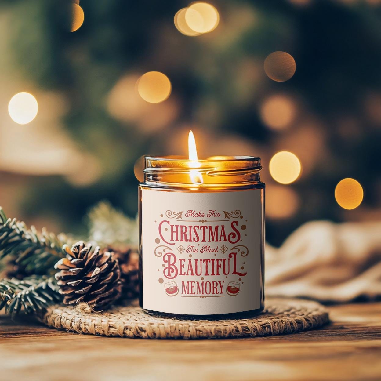 Cozy Christmas Candle Video Mockup (PSD), Editable Motion Amber