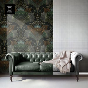 Classic Living Room Wallpaper Mockup (PSD) With Sofa, Blank Wall Seamless Pattern Mock-up, Peel-and-stick Wall Covering Preview Template