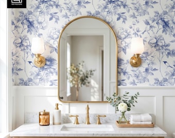 Classic Bathroom Wallpaper Mockup | Editable Blank Wall Scene for Wall Covering Display | PSD PNG for Photoshop and Canva