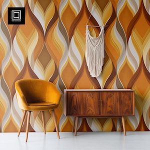 May include: A retro-style interior with a mustard yellow velvet chair, a wooden cabinet, and a macrame wall hanging. The wallpaper features an abstract pattern in shades of brown, yellow, and white. The room has a minimalist design with a mid-century modern feel.