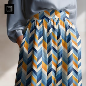 May include: A pleated skirt with a vibrant chevron pattern in shades of blue, white, and yellow. The skirt has a high waist and a flowing silhouette. The model is wearing a light blue long-sleeved shirt. The image includes the text "1001 Mockups".
