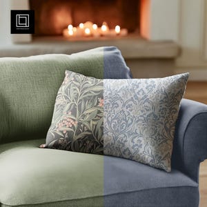 May include: Two throw pillows on a couch. One pillow has a floral pattern with pink berries and green leaves on a dark background. The other pillow has a light blue and gray damask pattern.