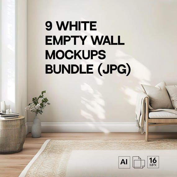 9 White Blank Wall Mockup Bundle, Sunny Livingroom Wall Mock-up Bundle JPG, Minimal Aesthetic Backdrop Set for POD Business, Poster Template
