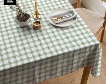 Sage Gingham Tablecloth Mockup PSD, Dining Table Fabric Mockup, Photoshop Smart Object, Farmhouse Kitchen Scene, Scandinavian Interior