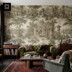 May include: A wall mural featuring a sepia-toned landscape with classical architecture, trees, and figures near a body of water. The scene includes stone structures, urns, and foliage, creating a detailed panoramic view across the entire wall surface.