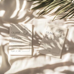 Twee trouwkaarten mockup suite 5 x 7 (PSD+JPG), minimalistische boho uitnodigingskaarten sjabloon, dubbele kaart mockup suite, tropisch briefpapier