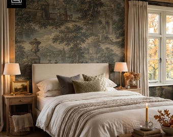 Fall Farmhouse Bedroom Wallpaper Mockup, Mural Wall Template, Accent Wall PSD, Adjustable Photoshop Smart Object, Warm Tones Styled Scene