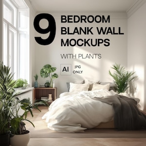 9 White Blank Wall Mockup Bundle, Sunny Bedroom Wall Mock-up Bundle JPG, Urban garden Aesthetic Backdrop, Set POD Business Poster Template