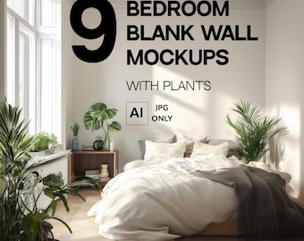 9 White Blank Wall Mockup Bundle, Sunny Bedroom Wall Mock-up Bundle JPG, Urban garden Aesthetic Backdrop, Set POD Business Poster Template