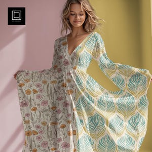 長袖マキシドレスのモックアップ、リアルな衣料品生地モデルのモックアップ、クローズアップ天然繊維テンプレート、表面のシームレスパターンのプレビュー