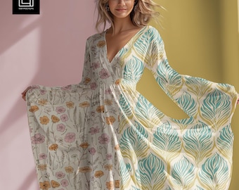 May include: A long-sleeved maxi dress featuring a split design. One side displays a delicate floral pattern in shades of pink and yellow on a white background, while the other side showcases a bold, repeating teal and yellow leaf motif.