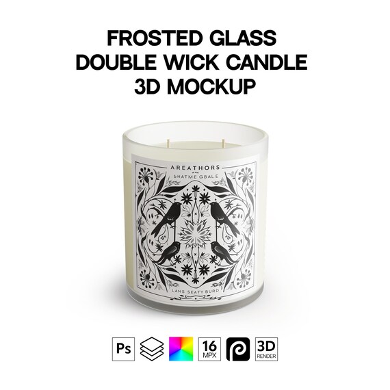 Two Wicks Frosted Glass Candle 3D Mockup, Double Wick Cylindrical Candle Jar Template (PSD), Editable Candle Label Mock-up for POD Business