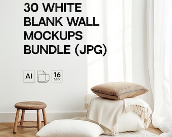 White Wall Mockup Bundle, Sunny Interior Blank Wall Mock-up Bundle 30 JPGs, Minimal Aesthetic Backdrop Set for POD Business, Poster Template